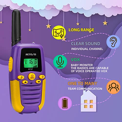 Retevis RT37 Walkie Talkies for Kids,Toy Gifts for 6-12 Year Boys Girls, Walkie Talkies 22 CH, LED Flashlight, Indoor Family Activities Long Range for Camping,Hiking,Outdoor(Purple,2 Pack)