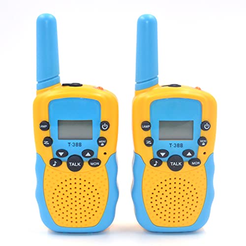 SUNET 2 Pack Battery Operated Walkie Talkies for Kids with 22 Channels 2 Way Radio 6 KMS Long Rang, Toy for 3-12 Year Old Boys Girls, with Backlit LCD Flashlight for Camping Outdoor (Yellow-Blue)