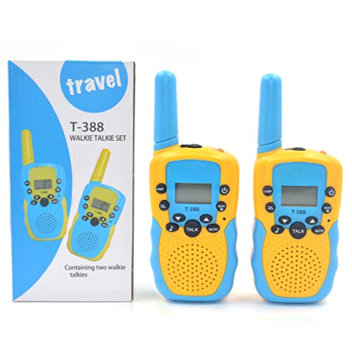 SUNET 2 Pack Battery Operated Walkie Talkies for Kids with 22 Channels 2 Way Radio 6 KMS Long Rang, Toy for 3-12 Year Old Boys Girls, with Backlit LCD Flashlight for Camping Outdoor (Yellow-Blue)