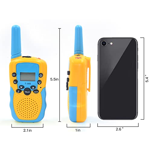 SUNET 2 Pack Battery Operated Walkie Talkies for Kids with 22 Channels 2 Way Radio 6 KMS Long Rang, Toy for 3-12 Year Old Boys Girls, with Backlit LCD Flashlight for Camping Outdoor (Yellow-Blue)