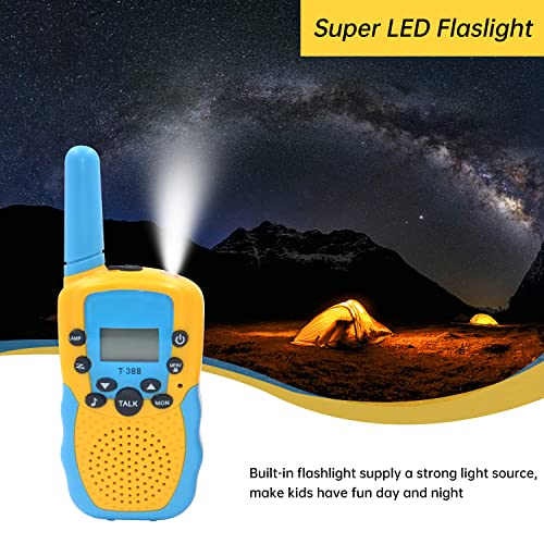 SUNET 2 Pack Battery Operated Walkie Talkies for Kids with 22 Channels 2 Way Radio 6 KMS Long Rang, Toy for 3-12 Year Old Boys Girls, with Backlit LCD Flashlight for Camping Outdoor (Yellow-Blue)