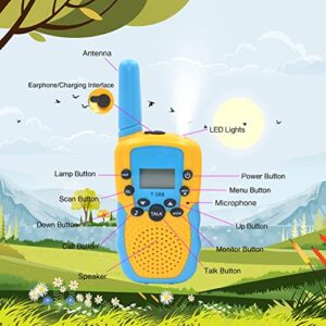 SUNET 2 Pack Battery Operated Walkie Talkies for Kids with 22 Channels 2 Way Radio 6 KMS Long Rang, Toy for 3-12 Year Old Boys Girls, with Backlit LCD Flashlight for Camping Outdoor (Yellow-Blue)