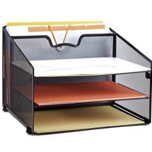 ProAid Paper Organizer Mesh Office Desktop Accessories Organizer, Desk File Organizer with 3 Paper Trays and 1 Vertical Upright Compartment, Black