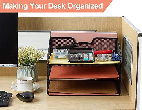 ProAid Paper Organizer Mesh Office Desktop Accessories Organizer, Desk File Organizer with 3 Paper Trays and 1 Vertical Upright Compartment, Black
