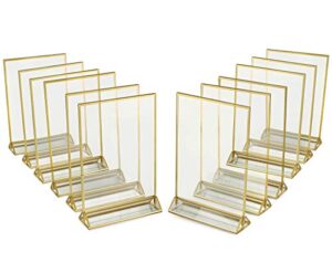 super star quality clear acrylic 2 sided frames with gold borders and vertical stand (pack of 12)) | ideal for wedding table number holder, double sided sign, clear photos, menu holders