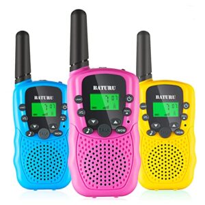 walkie talkies for kids 3 pack 3 miles, 2 way radio toys for kids with backlit lcd flashlight, christmas or birthday gifts for girls and boys age 3-12 (blue pink yellow)