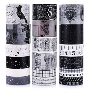 daputou 20 rolls vintage washi tape set,wide floral stamp letter old newspaper antique retro decorative masking tape sets for scrapbook, craft,kids, scrapbooking supplies (black)