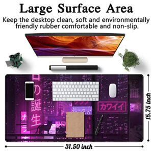 Purple Gaming Mousepad Japanese Desk Mat XXL Extended Anime Cool Large Mouse Pad Keyboard Mouse Mat Desk Pad for Computer Laptop Gamers 31.5''X15.7'' Non-Slip Rubber Base with Stitched Edges