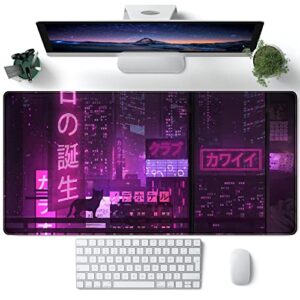 purple gaming mousepad japanese desk mat xxl extended anime cool large mouse pad keyboard mouse mat desk pad for computer laptop gamers 31.5”x15.7” non-slip rubber base with stitched edges