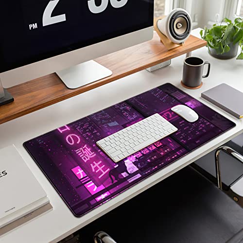 Purple Gaming Mousepad Japanese Desk Mat XXL Extended Anime Cool Large Mouse Pad Keyboard Mouse Mat Desk Pad for Computer Laptop Gamers 31.5''X15.7'' Non-Slip Rubber Base with Stitched Edges