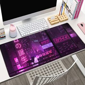 Purple Gaming Mousepad Japanese Desk Mat XXL Extended Anime Cool Large Mouse Pad Keyboard Mouse Mat Desk Pad for Computer Laptop Gamers 31.5''X15.7'' Non-Slip Rubber Base with Stitched Edges