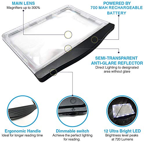 [Rechargeable] 3X Large Ultra Bright LED Page Magnifier with 12 Anti-Glare Dimmable LEDs (More Evenly Lit Viewing Area & Relieve Eye Strain)-Ideal for Reading Small Prints & Low Vision…