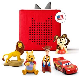 toniebox audio player starter set with woody, lightning mcqueen, simba, winnie-the-pooh, and playtime puppy – listen, learn, and play with one huggable little box – red