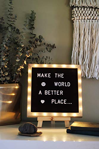 Letter Board The Original Black Felt Board with Stand, Built-in LED Lights 10 x 10 -Menu Board + Wood Frame, 340 Letters, Emojis + Cursive Words - Custom Sign Messages