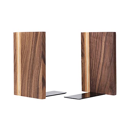 HALOU 2Pcs Wooden Bookends with Metal Base Heavy Duty Book Stand with Anti-Skid Dots for Office Desktop or Shelves Decorative Bookend