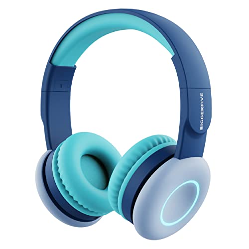 BIGGERFIVE Kids Wireless Bluetooth Headphones with 7 Colorful LED Lights, 50H Playtime, Microphone, 85dB/94dB Volume Limited, Foldable On Ear Headphones for School/Girls/Boys/iPad/Fire Tablet, Blue