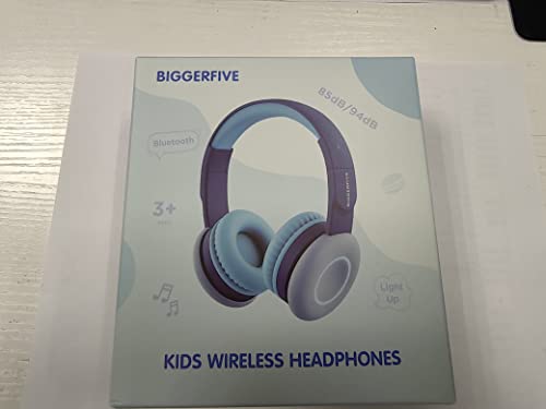 BIGGERFIVE Kids Wireless Bluetooth Headphones with 7 Colorful LED Lights, 50H Playtime, Microphone, 85dB/94dB Volume Limited, Foldable On Ear Headphones for School/Girls/Boys/iPad/Fire Tablet, Blue