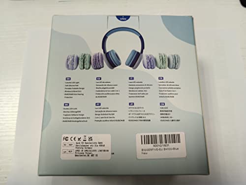 BIGGERFIVE Kids Wireless Bluetooth Headphones with 7 Colorful LED Lights, 50H Playtime, Microphone, 85dB/94dB Volume Limited, Foldable On Ear Headphones for School/Girls/Boys/iPad/Fire Tablet, Blue