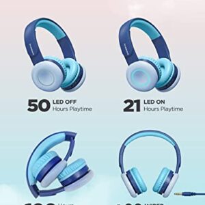 BIGGERFIVE Kids Wireless Bluetooth Headphones with 7 Colorful LED Lights, 50H Playtime, Microphone, 85dB/94dB Volume Limited, Foldable On Ear Headphones for School/Girls/Boys/iPad/Fire Tablet, Blue