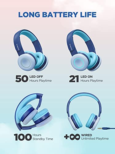 BIGGERFIVE Kids Wireless Bluetooth Headphones with 7 Colorful LED Lights, 50H Playtime, Microphone, 85dB/94dB Volume Limited, Foldable On Ear Headphones for School/Girls/Boys/iPad/Fire Tablet, Blue