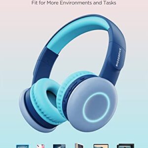 BIGGERFIVE Kids Wireless Bluetooth Headphones with 7 Colorful LED Lights, 50H Playtime, Microphone, 85dB/94dB Volume Limited, Foldable On Ear Headphones for School/Girls/Boys/iPad/Fire Tablet, Blue