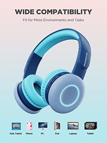 BIGGERFIVE Kids Wireless Bluetooth Headphones with 7 Colorful LED Lights, 50H Playtime, Microphone, 85dB/94dB Volume Limited, Foldable On Ear Headphones for School/Girls/Boys/iPad/Fire Tablet, Blue