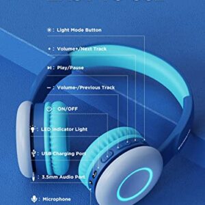 BIGGERFIVE Kids Wireless Bluetooth Headphones with 7 Colorful LED Lights, 50H Playtime, Microphone, 85dB/94dB Volume Limited, Foldable On Ear Headphones for School/Girls/Boys/iPad/Fire Tablet, Blue