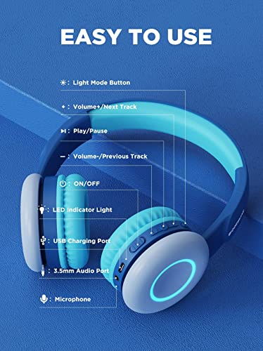 BIGGERFIVE Kids Wireless Bluetooth Headphones with 7 Colorful LED Lights, 50H Playtime, Microphone, 85dB/94dB Volume Limited, Foldable On Ear Headphones for School/Girls/Boys/iPad/Fire Tablet, Blue