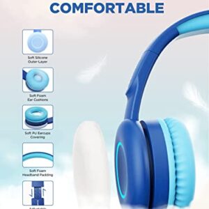 BIGGERFIVE Kids Wireless Bluetooth Headphones with 7 Colorful LED Lights, 50H Playtime, Microphone, 85dB/94dB Volume Limited, Foldable On Ear Headphones for School/Girls/Boys/iPad/Fire Tablet, Blue