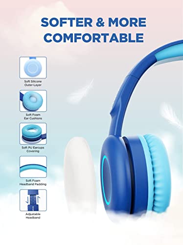 BIGGERFIVE Kids Wireless Bluetooth Headphones with 7 Colorful LED Lights, 50H Playtime, Microphone, 85dB/94dB Volume Limited, Foldable On Ear Headphones for School/Girls/Boys/iPad/Fire Tablet, Blue