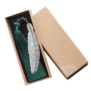 retro handmade classical chinese style silver metal feather leaf tassel bookmarks document book labels page marker diy gifts (dark green)