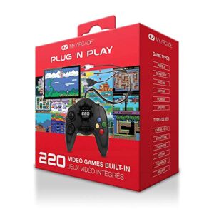 my arcade plug n play tv game console: 220 retro style games, plugs into tv, battery or usb powered, ergonomic controller shape, tactile buttons