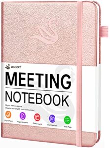 elegant meeting notebook for work with action items, premium leatherette hardcover meeting planner with numbered pages, 7 x 10″ project planner notebook for office business meeting notes agenda organizer for men & women, 168 pages (rose gold)