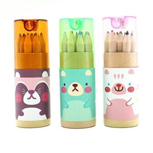 pomeat 3 pack cute cartoon bear mini drawing colored pencils with sharpener, 3.5″ length, portable, 12 count in tube