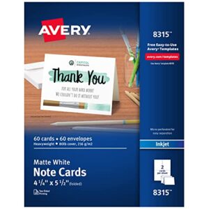 avery printable note cards, 4.25″ x 5.5″, inkjet printable, 60 blank cards and envelopes (8315)