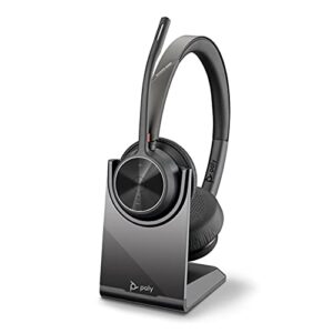 poly – voyager 4320 uc wireless headset + charge stand (plantronics) – headphones with boom mic – connect to pc/mac via usb-a bluetooth adapter, cell phone via bluetooth – works with teams, zoom &more