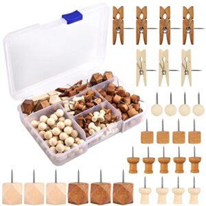 200 pieces push pins, wood thumb tacks pushpin clips decorative push pins for cork board, 2 colors 5 style for bulletin boards maps photos office home for teachers coworkers