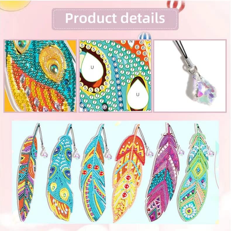 Inegovin Diamond Painting Bookmarks DIY Feather Bookmark Crystal Pendant Bookmark, Diamond Painting Beginner Arts Crafts Gifts for Adults and Kids