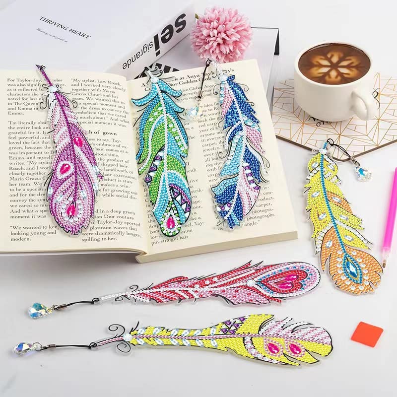 Inegovin Diamond Painting Bookmarks DIY Feather Bookmark Crystal Pendant Bookmark, Diamond Painting Beginner Arts Crafts Gifts for Adults and Kids