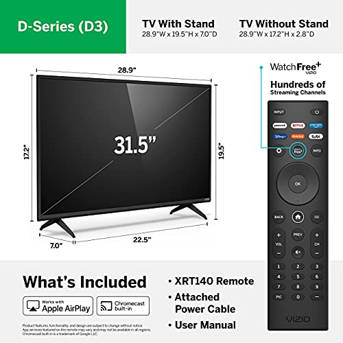 VIZIO 32-inch D-Series 720p Smart TV with Apple AirPlay and Chromecast Built-in, Screen Mirroring for Second Screens, & 150+ Free Streaming Channels, D32h-J09, Model (Renewed), 32 inches