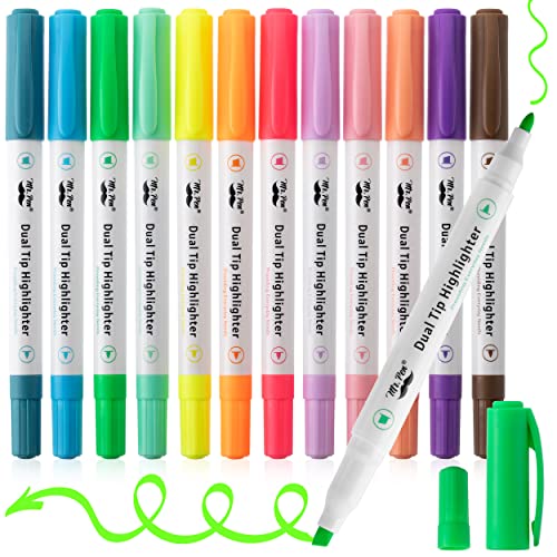 Mr. Pen- Dual Tip Highlighters, Pastel Colors, 12 Pack, Fine & Chisel Tip Highlighters Assorted Colors, Colored Highlighters, Highlighter Pens, Highlighter Markers, Markers for Journaling