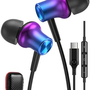 USB C Headphones Earbuds for S23 Ultra HiFi Stereo Bass Magnetic Wired Ear Buds Noise Canceling Earphones Headset with Microphone for Samsung Galaxy S22 S21 FE Google Pixel 7 Pro iPad Oneplus Purple