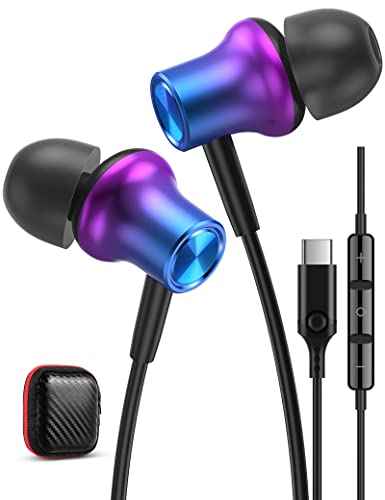 USB C Headphones Earbuds for S23 Ultra HiFi Stereo Bass Magnetic Wired Ear Buds Noise Canceling Earphones Headset with Microphone for Samsung Galaxy S22 S21 FE Google Pixel 7 Pro iPad Oneplus Purple