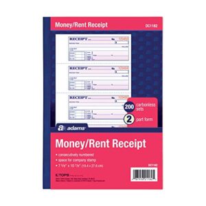 adams money and rent receipt book, 2-part, carbonless, white/canary, 7-5/8″ x 10-7/8″, bound wraparound cover, 200 sets per book, 4 receipts per page (dc1182)