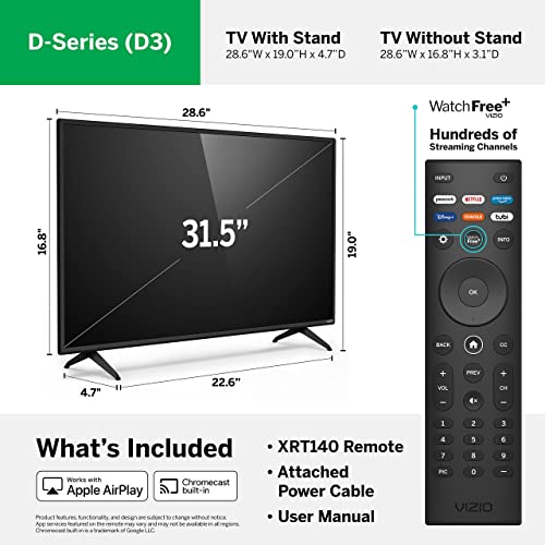 VIZIO 32-inch D-Series Full HD 1080p Smart TV with Apple AirPlay and Chromecast Built-in, Screen Mirroring for Second Screens, & 150+ Free Streaming Channels, D32f-J04, 2021 Model (Renewed)