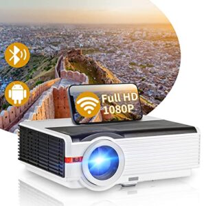 wireless projector with wifi & bluetooth, full hd 1080p smart home theater projector with android os/digital zoom/hifi speaker, 200″ outdoor movie projector with hdmi/usb/vga for laptop tv stick dvd