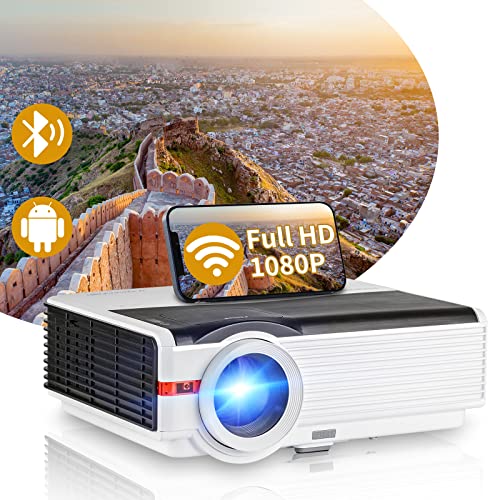 Wireless Projector with WiFi & Bluetooth, Full HD 1080P Smart Home Theater Projector with Android OS/Digital Zoom/HiFi Speaker, 200" Outdoor Movie Projector with HDMI/USB/VGA for Laptop TV Stick DVD