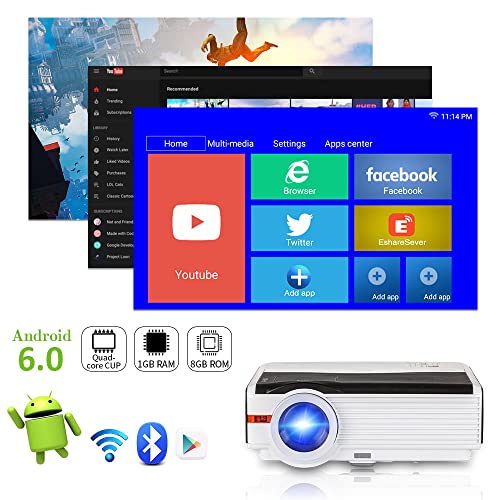 Wireless Projector with WiFi & Bluetooth, Full HD 1080P Smart Home Theater Projector with Android OS/Digital Zoom/HiFi Speaker, 200" Outdoor Movie Projector with HDMI/USB/VGA for Laptop TV Stick DVD
