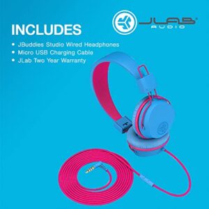 JLab JBuddies Studio On-Ear Kids Wired Headphones | Toddler Headphones | Kid Safe | Studio Volume Safe | Volume Limiter | Folding | Adjustable | Noise Isolation | with Mic (Cotton Candy)