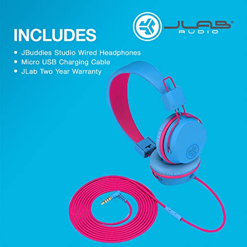 JLab JBuddies Studio On-Ear Kids Wired Headphones | Toddler Headphones | Kid Safe | Studio Volume Safe | Volume Limiter | Folding | Adjustable | Noise Isolation | with Mic (Cotton Candy)